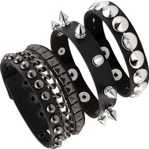 Black Leather Bracelet Punk Spike Rivet Wristband